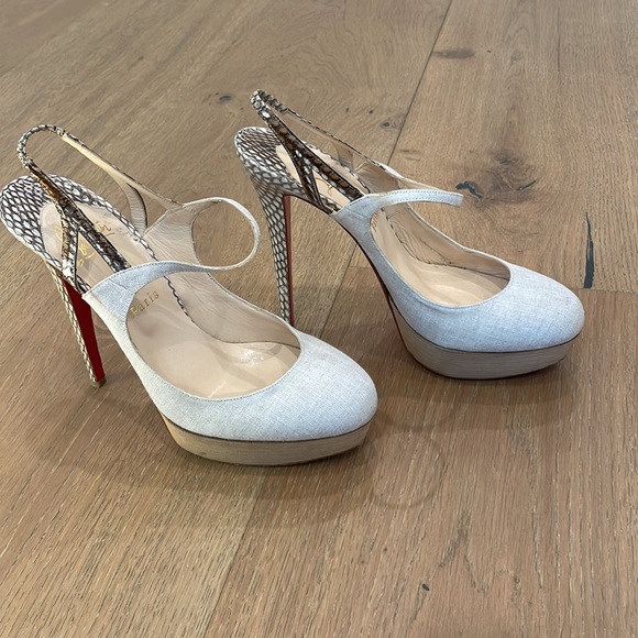 Christian Louboutin Fine Bretelle 140 Naturalle Rocco’s Snakeskin Canvas Heels - Picture 2 of 8